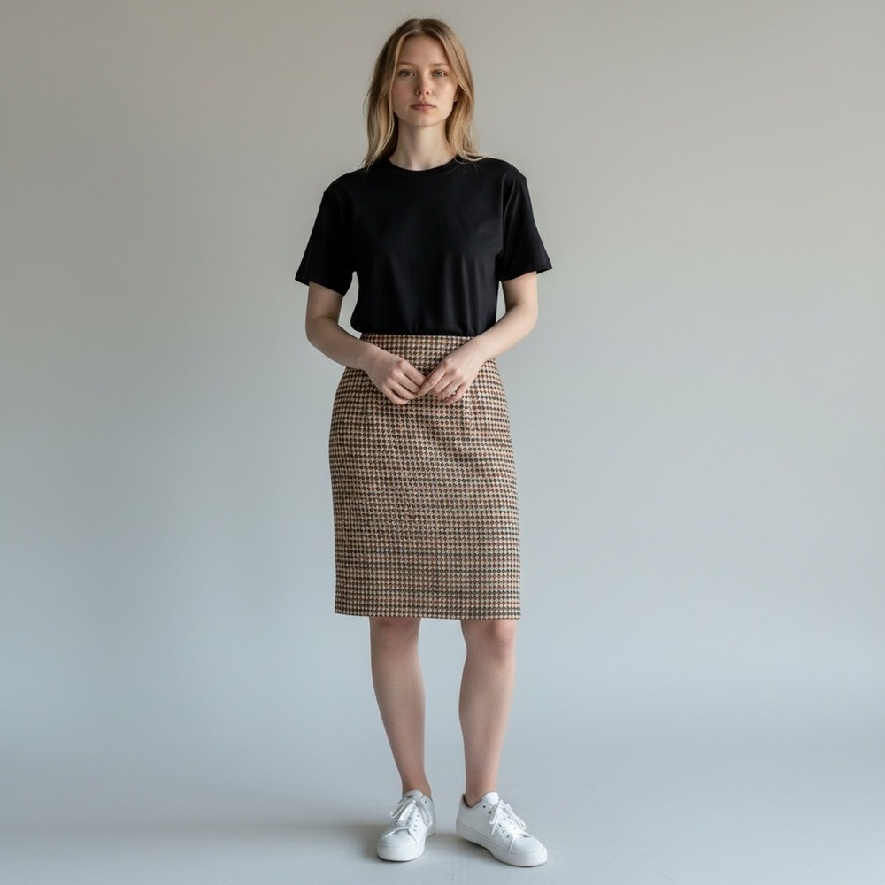 Y2K Hugo Buscati Pencil Skirt 12 Brown Plaid Wool Houndstooth Librarian